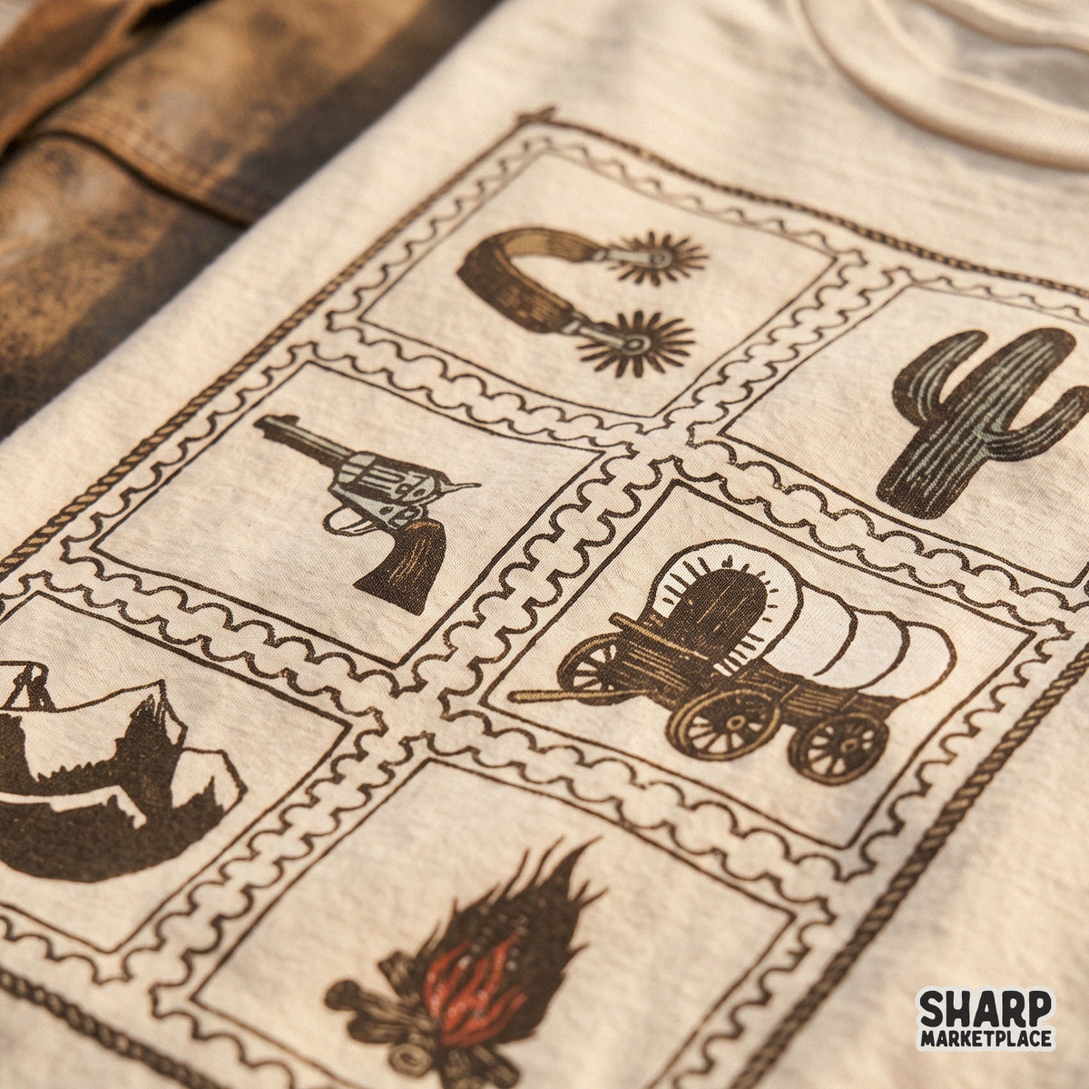 Vintage wild west postage stamp grid design with cactus and revolvers for t-shirt sublimation and apparel