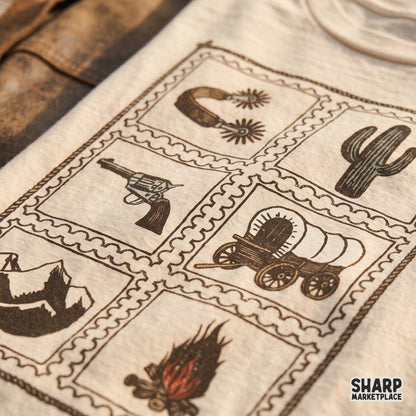 Vintage wild west postage stamp grid design with cactus and revolvers for t-shirt sublimation and apparel