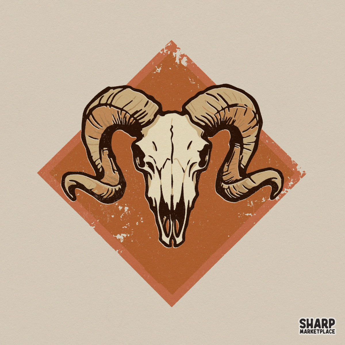 Detailed ram skull illustration with large curved horns centered on a distressed orange diamond, perfect for western-themed apparel and sublimation.