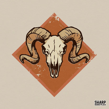 Detailed ram skull illustration with large curved horns centered on a distressed orange diamond, perfect for western-themed apparel and sublimation.