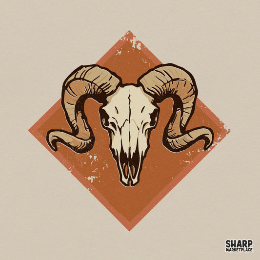 Detailed ram skull illustration with large curved horns centered on a distressed orange diamond, perfect for western-themed apparel and sublimation.