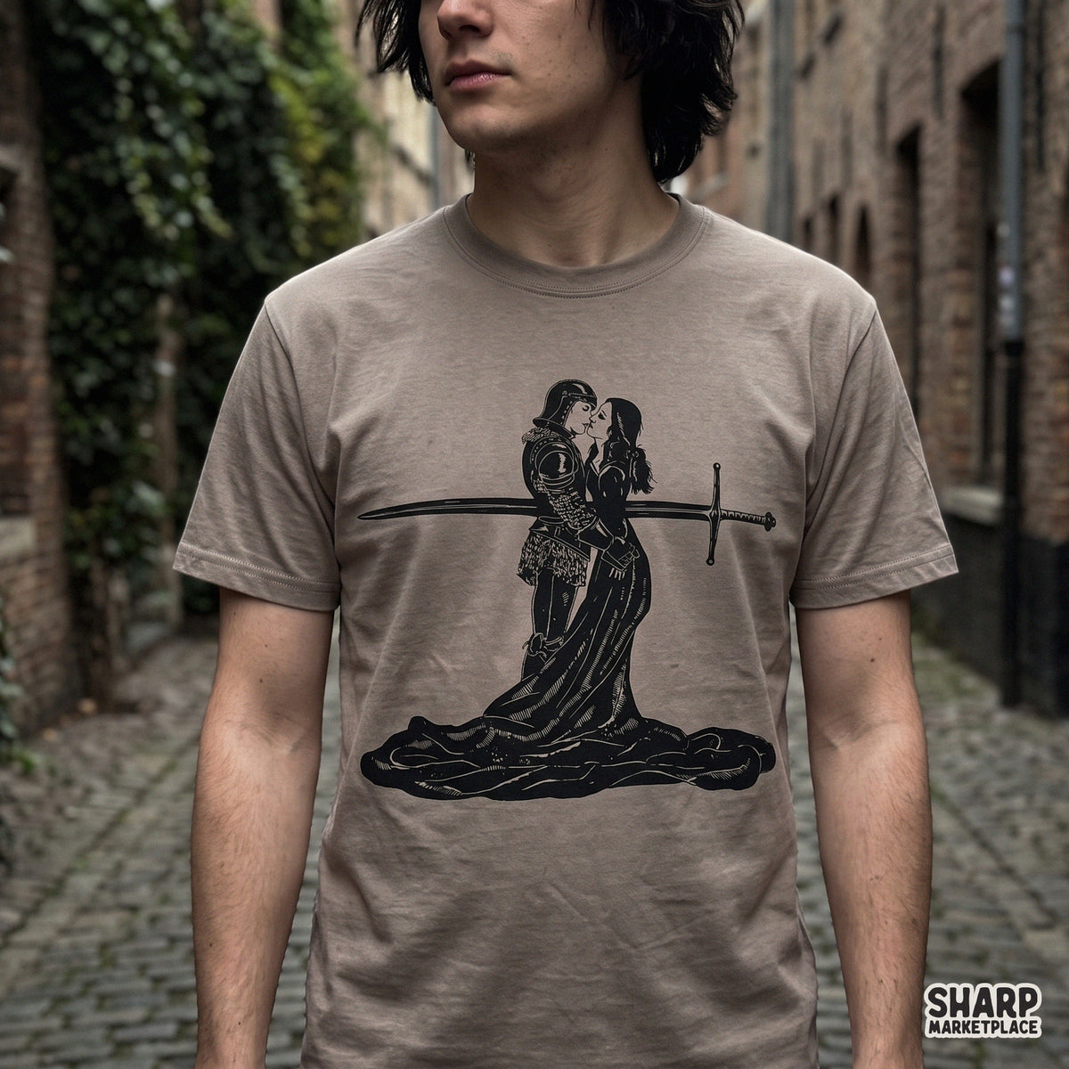 Dark romance tragic lovers knight and lady kissing graphic for retro Valentine's Day t-shirt PNG design