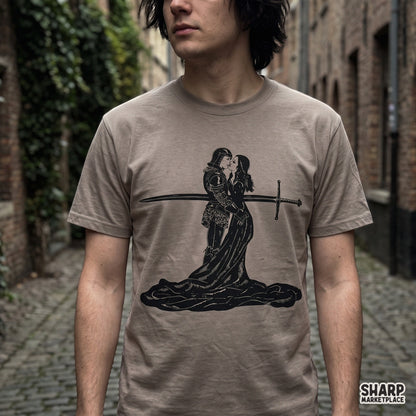 Dark romance tragic lovers knight and lady kissing graphic for retro Valentine's Day t-shirt PNG design