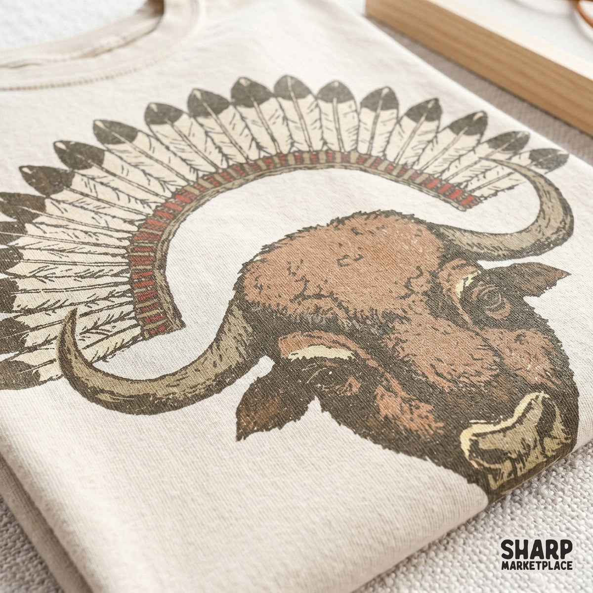 Bohemian-style buffalo head illustration with a colorful feather crown, perfect for creating unique wall art, stickers, or custom apparel.