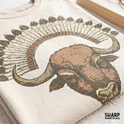 Bohemian-style buffalo head illustration with a colorful feather crown, perfect for creating unique wall art, stickers, or custom apparel.