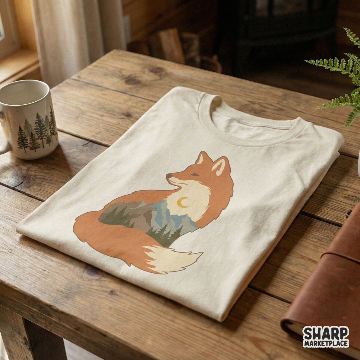 Retro woodland fox design featuring a mountain landscape and moon inside the animal silhouette, displayed on a cream-colored t-shirt.