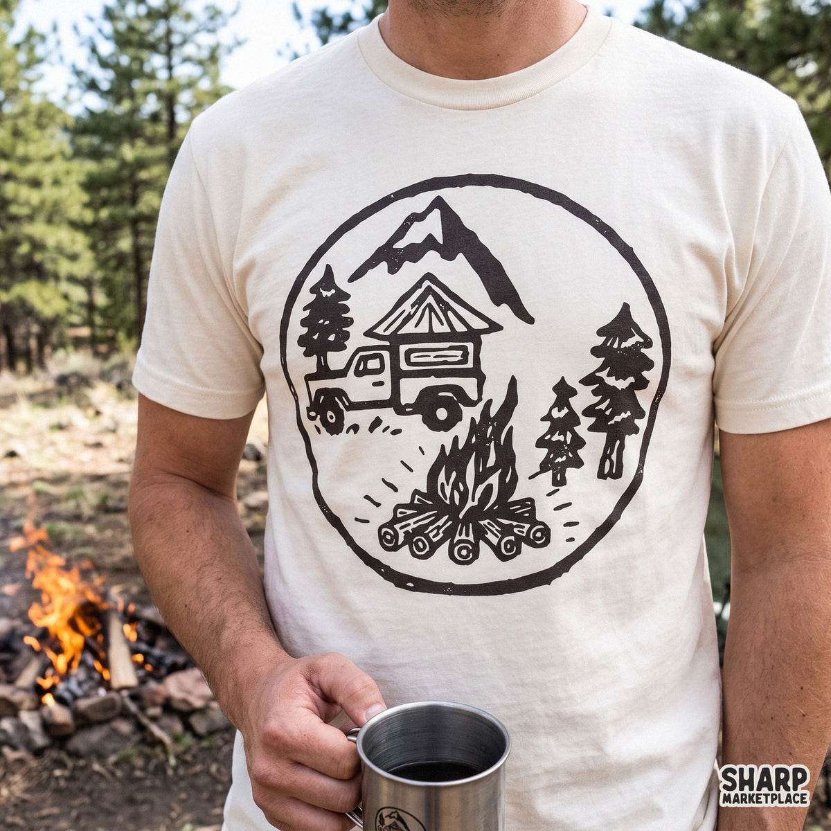 Rustic truck camper in mountains with pine trees and campfire retro camping PNG graphic design for t-shirts