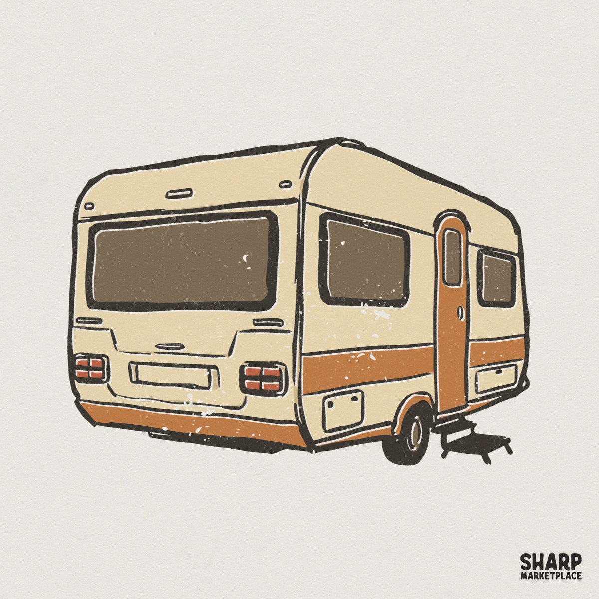 Hand-drawn vintage camper PNG with a retro tan and orange color scheme, featuring a distressed texture and thick outlines for a rustic travel aesthetic.