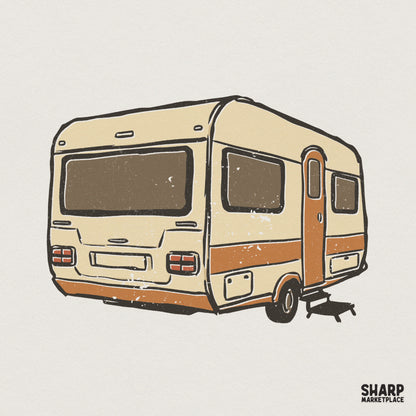 Hand-drawn vintage camper PNG with a retro tan and orange color scheme, featuring a distressed texture and thick outlines for a rustic travel aesthetic.