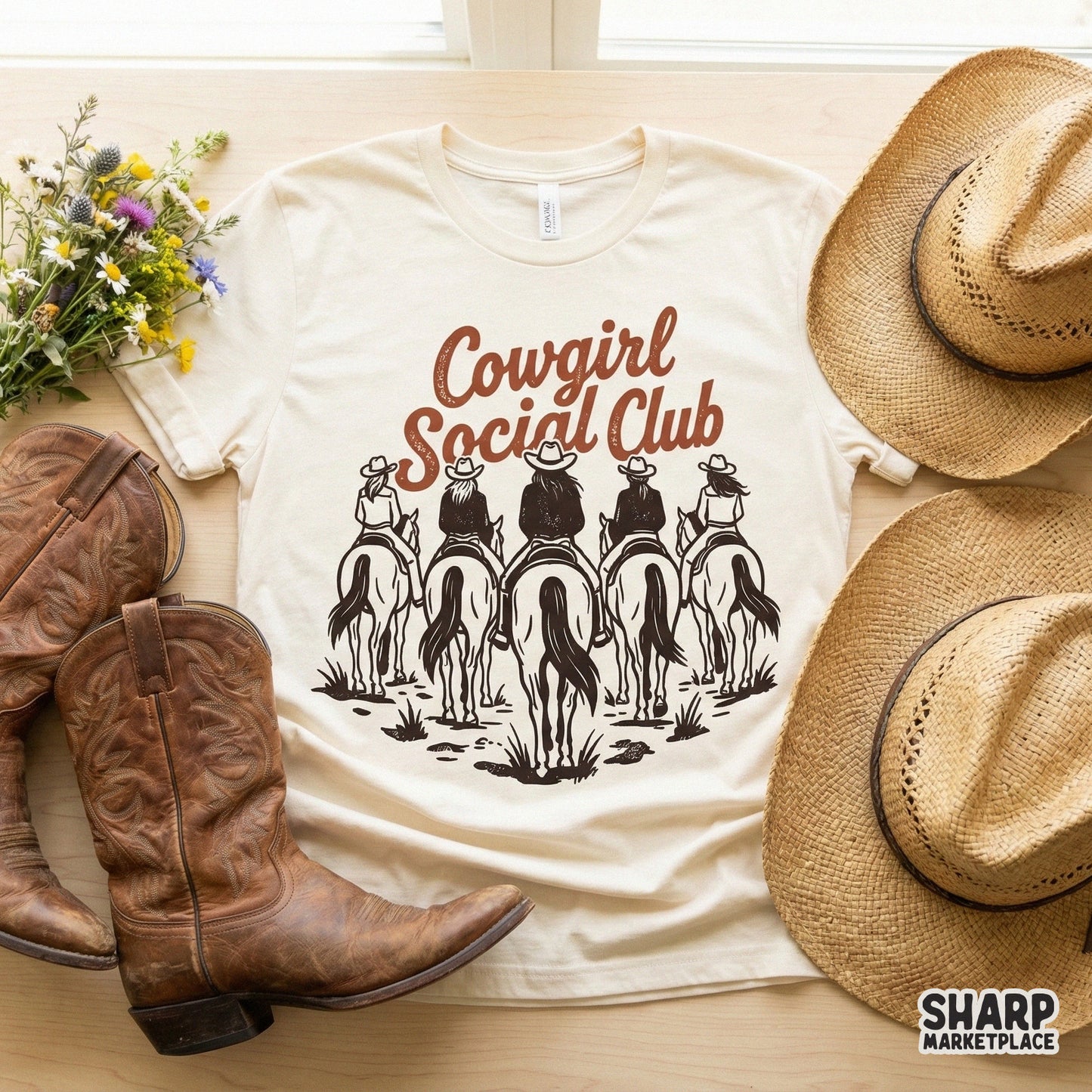 Rustic western graphic with five riders on horseback and arched Cowgirl Social Club typography, suitable for stickers, tumblers, and DIY crafts.