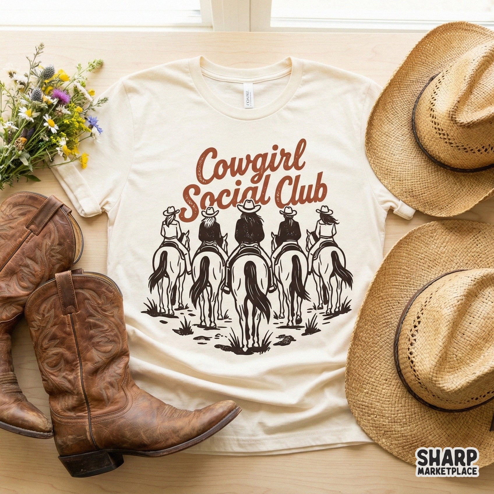 Rustic western graphic with five riders on horseback and arched Cowgirl Social Club typography, suitable for stickers, tumblers, and DIY crafts.