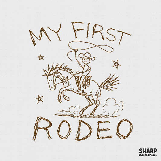 Whimsical brown hand-drawn sketch of a stick-figure cowboy on a bucking bronco with a lasso and stars, perfect for western-themed kids apparel.