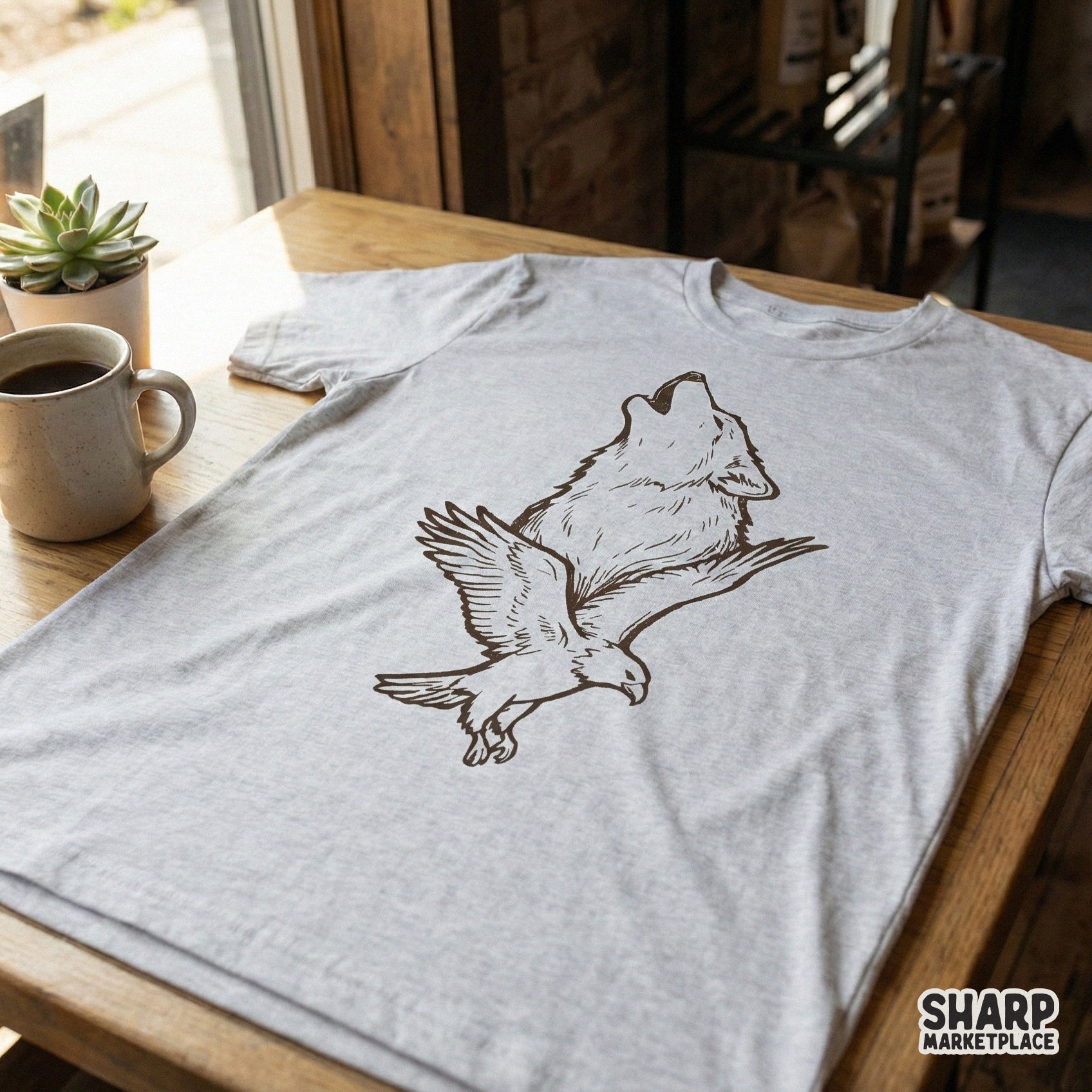 Howling Wolf and Eagle PNG, Wildlife Vintage Animal Digital Design - 300