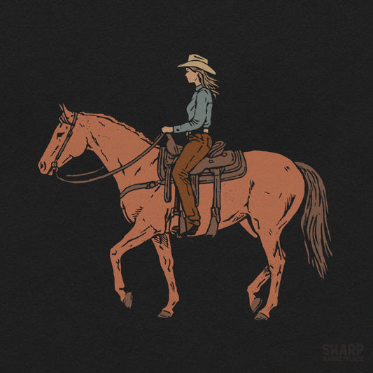 Profile view of a cowgirl riding a horse in rustic country western style PNG graphic for trendy t-shirts and apparel