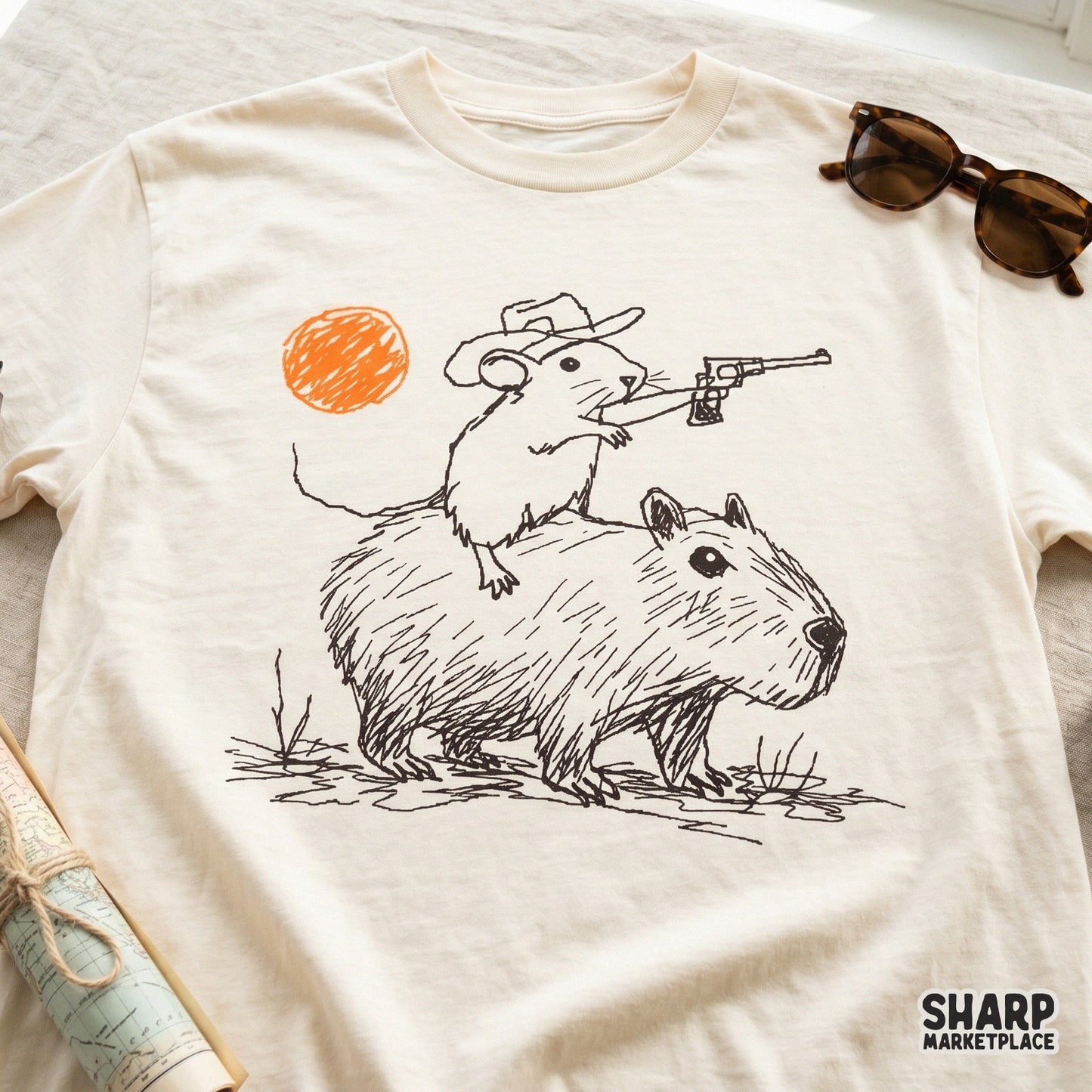 Digital illustration of a cowboy rat riding a capybara with a desert sun, perfect for custom t-shirts, stickers, and unique printable wall art projects.