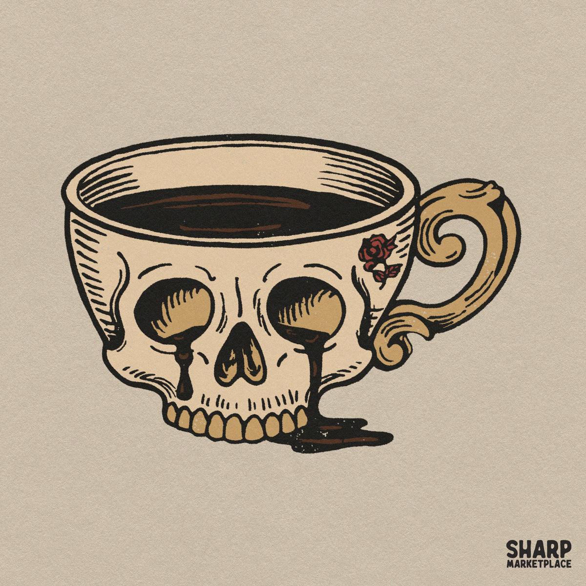 Vintage gothic skull teacup dripping coffee with roses for sublimation PNG t-shirt designs