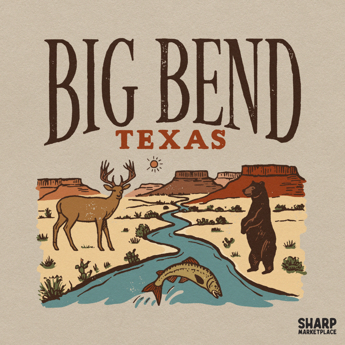 Retro Big Bend Texas desert scene PNG design featuring bear deer and fish graphics for vintage t-shirts and apparel