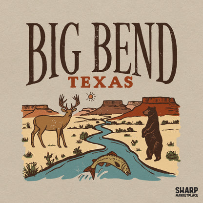 Retro Big Bend Texas desert scene PNG design featuring bear deer and fish graphics for vintage t-shirts and apparel