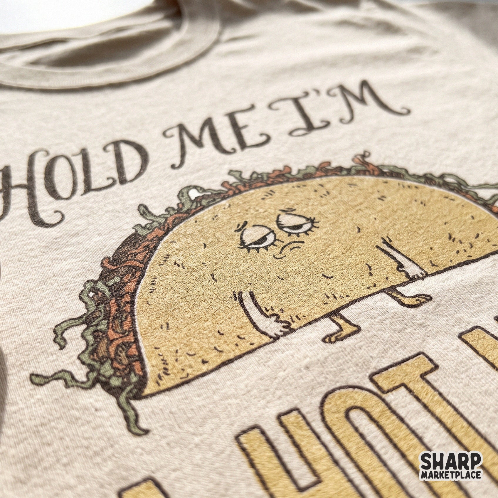 Sad taco humor graphic with Hold Me I'm a Hot Mess text in a trendy retro style for sarcastic sublimation shirt designs