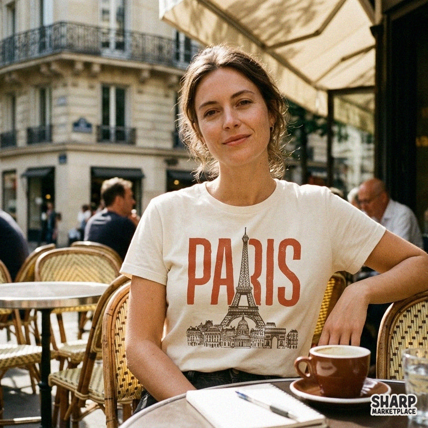 Hand drawn retro Paris skyline and Eiffel Tower illustration PNG for coquette French city aesthetic girls trip t-shirts