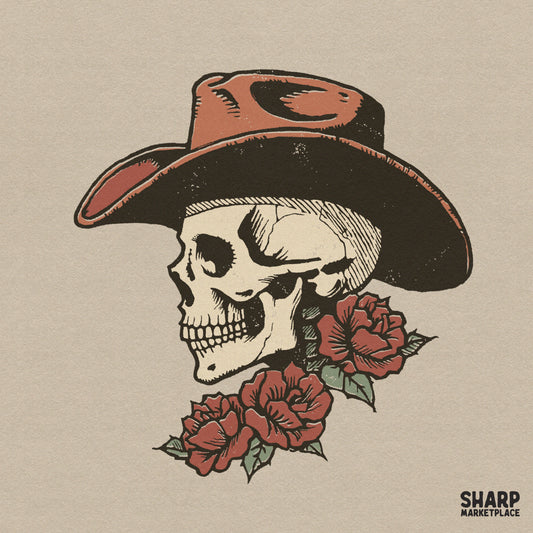 Western goth skull wearing a cowboy hat with red roses digital PNG file for t-shirt design