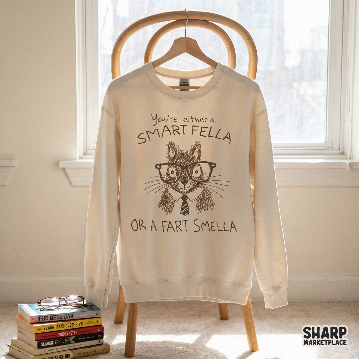 Playful brown ink illustration of a scholarly squirrel wearing spectacles and a necktie, accompanied by the witty phrase You're either a SMART FELLA OR A FART
