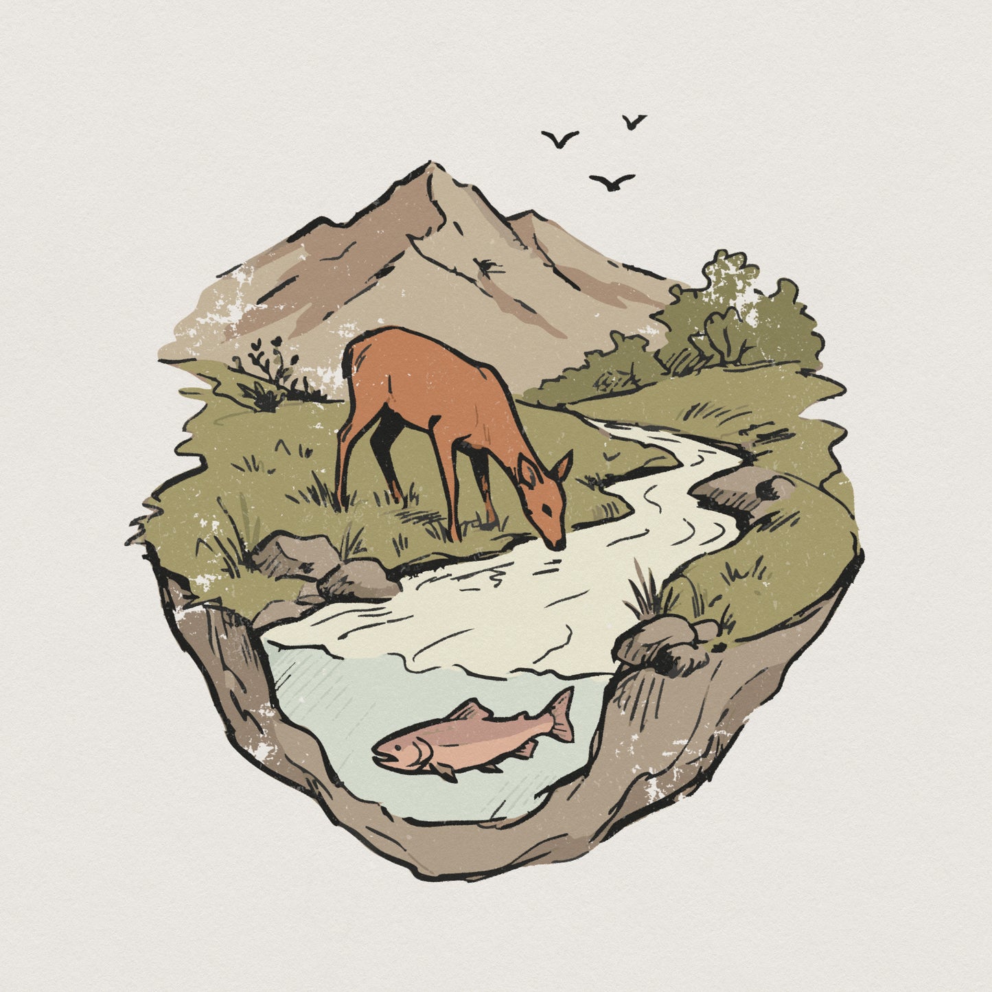 Hand-drawn nature scene PNG featuring a deer drinking from a river with a fish swimming below, set against mountain peaks in rustic earth tones.