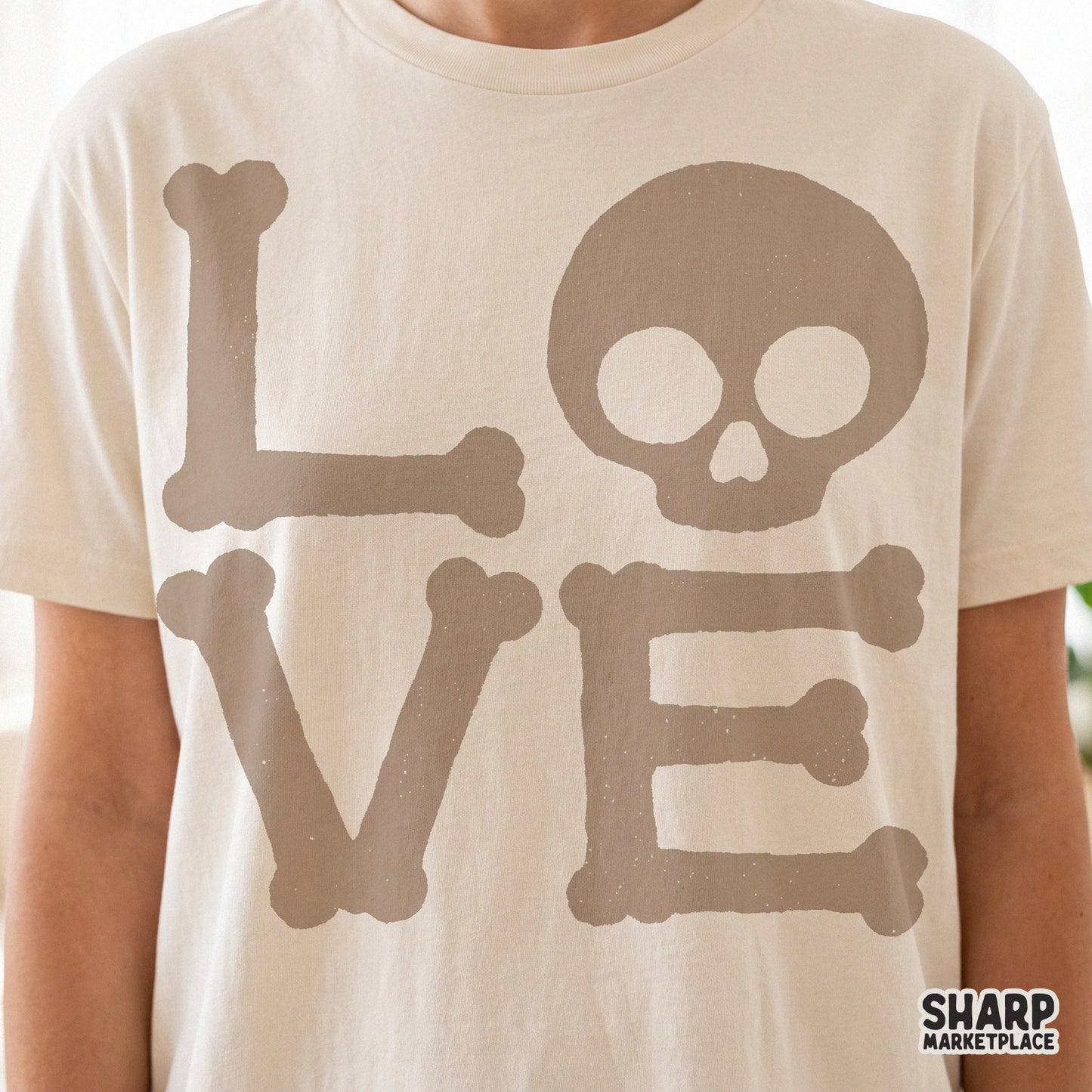 Gothic skeleton bone letters spelling LOVE with a skull for spooky Valentine sublimation designs on t-shirts and hoodies