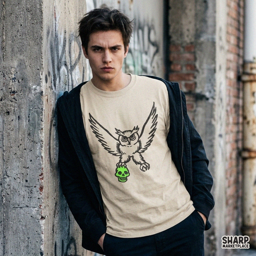 Fierce owl holding a green skull in its talons gothic spooky season t-shirt design Halloween PNG