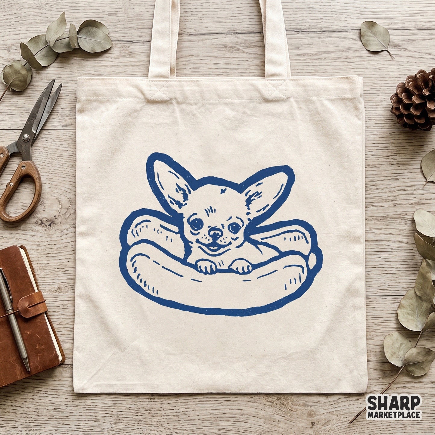 Cute retro chihuahua in a hot dog bun digital PNG design for funny dog mom shirts and animal lover apparel