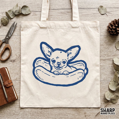 Cute retro chihuahua in a hot dog bun digital PNG design for funny dog mom shirts and animal lover apparel