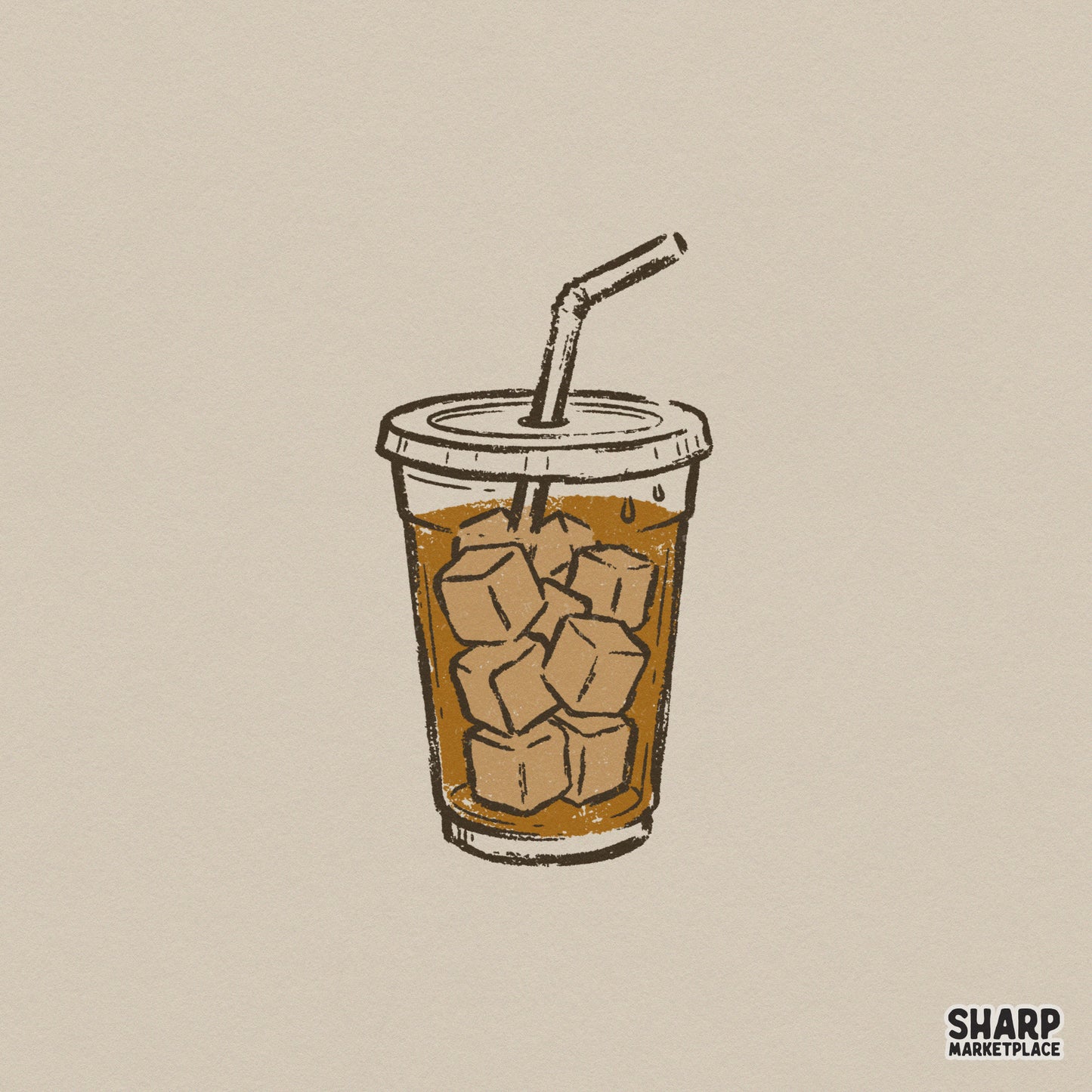 Hand-drawn iced coffee cup digital design with oversized ice cubes and a bent straw in a vintage, distressed caramel and charcoal style.