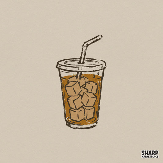 Hand-drawn iced coffee cup digital design with oversized ice cubes and a bent straw in a vintage, distressed caramel and charcoal style.