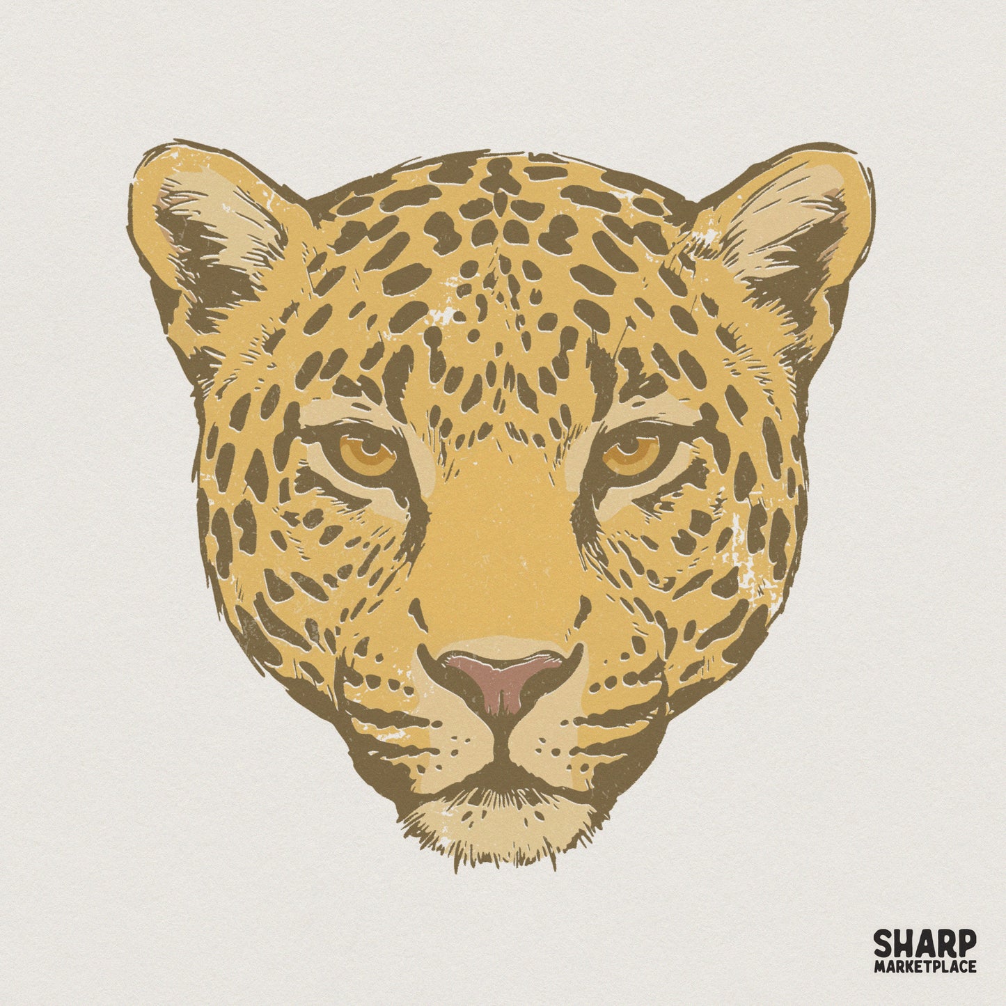 Vintage style leopard face illustration with detailed spots and earthy gold tones, perfect for sublimation, apparel, or nature-themed DIY crafts.