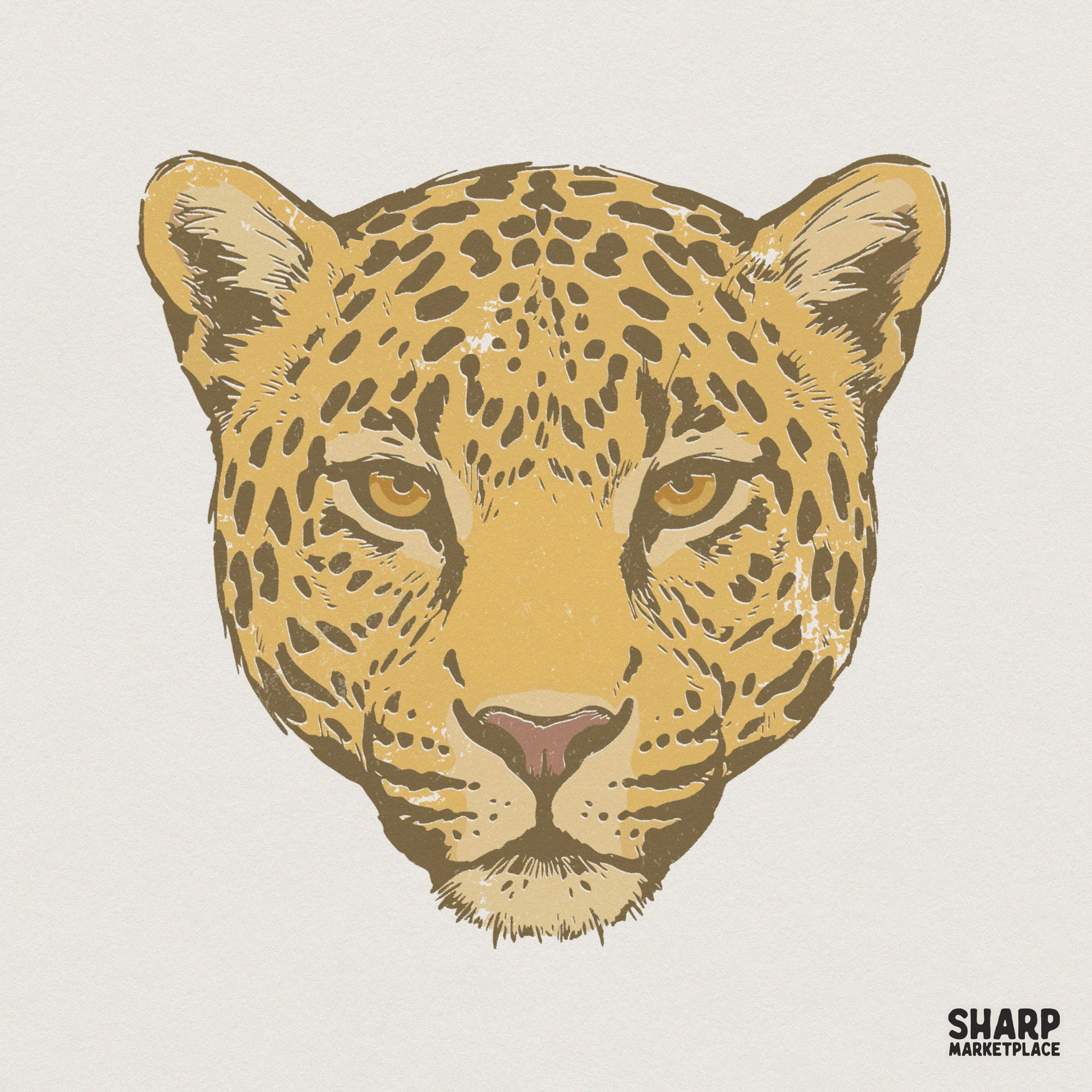 Vintage style leopard face illustration with detailed spots and earthy gold tones, perfect for sublimation, apparel, or nature-themed DIY crafts.