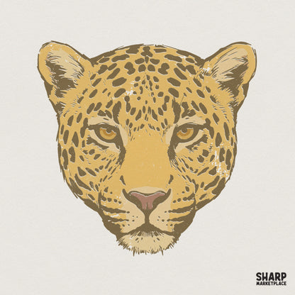 Vintage style leopard face illustration with detailed spots and earthy gold tones, perfect for sublimation, apparel, or nature-themed DIY crafts.