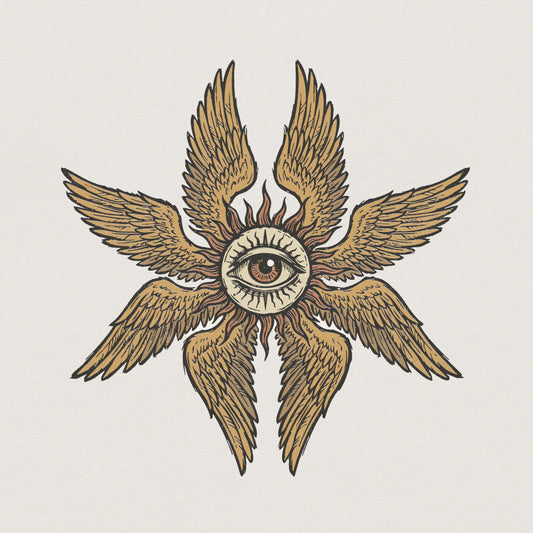 Vintage occult style illustration featuring a detailed human eye surrounded by six feathered wings in gold and tan tones for apparel or wall art.