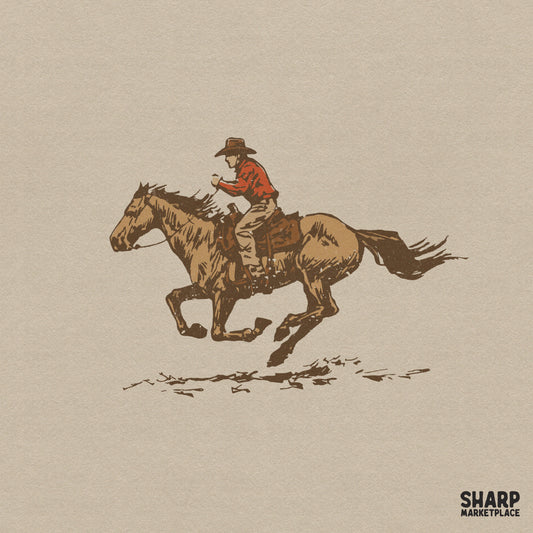 Vintage western digital design featuring a cowboy in a red shirt riding a galloping brown horse with distressed textures for apparel printing