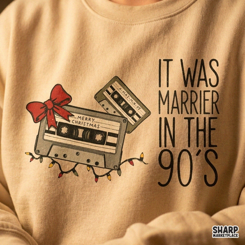 Retro 90s Christmas cassette tape PNG design with It Was Merrier In The 90s text for holiday t-shirt sublimation