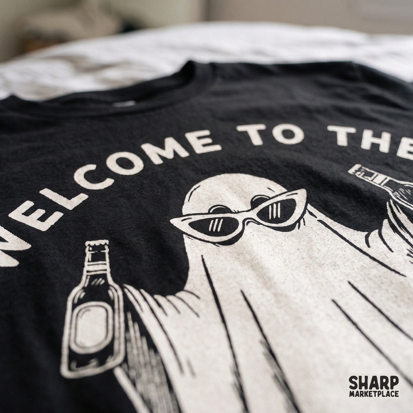 Funny retro ghost drinking beer with Welcome To The Sheet Show text for trendy Halloween spooky season shirt sublimation