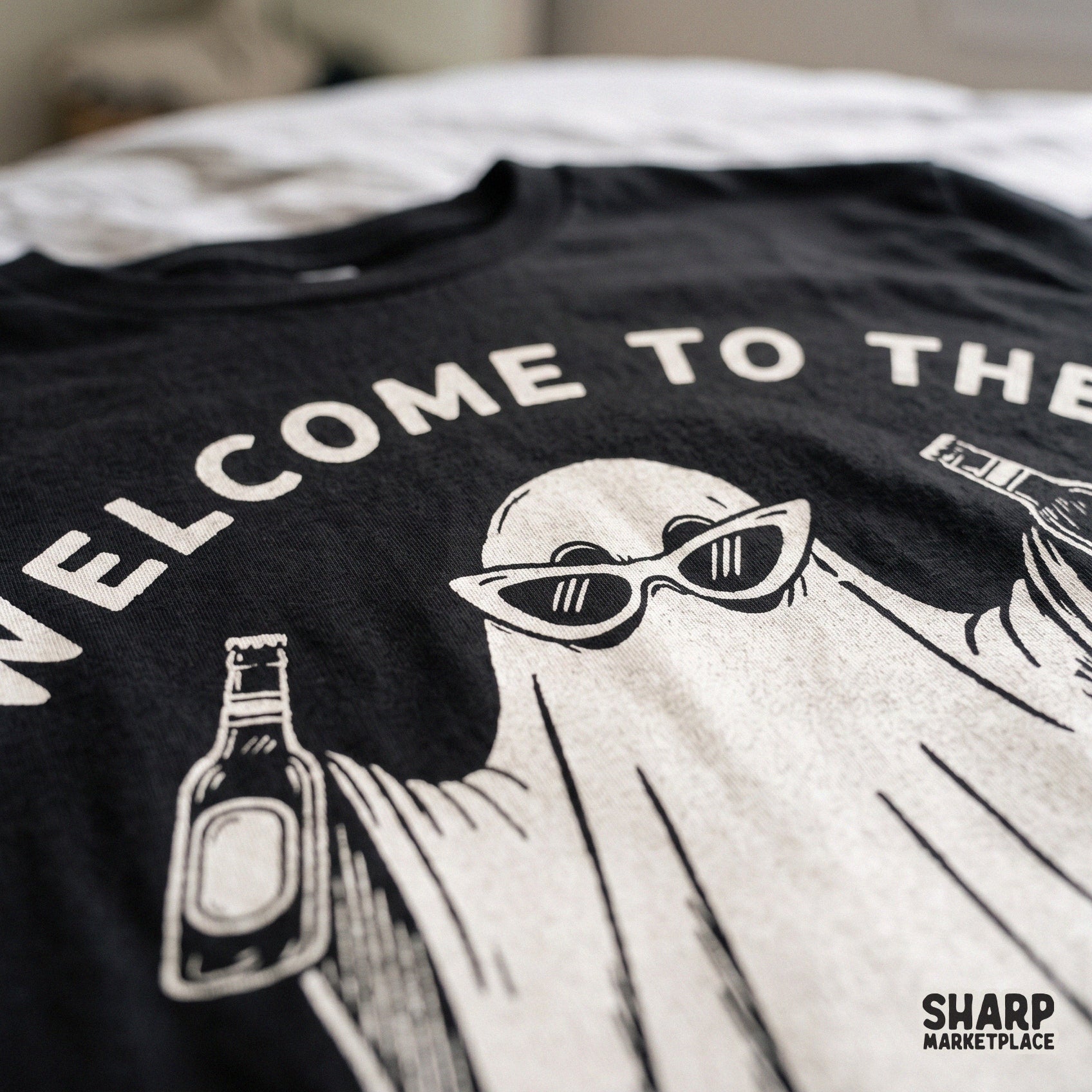 Funny retro ghost drinking beer with Welcome To The Sheet Show text for trendy Halloween spooky season shirt sublimation