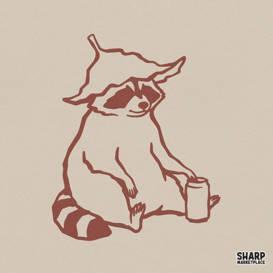 Monochromatic rusty sienna line art of a raccoon wearing a floppy cowboy hat and sitting next to a beverage can for DIY sublimation projects.