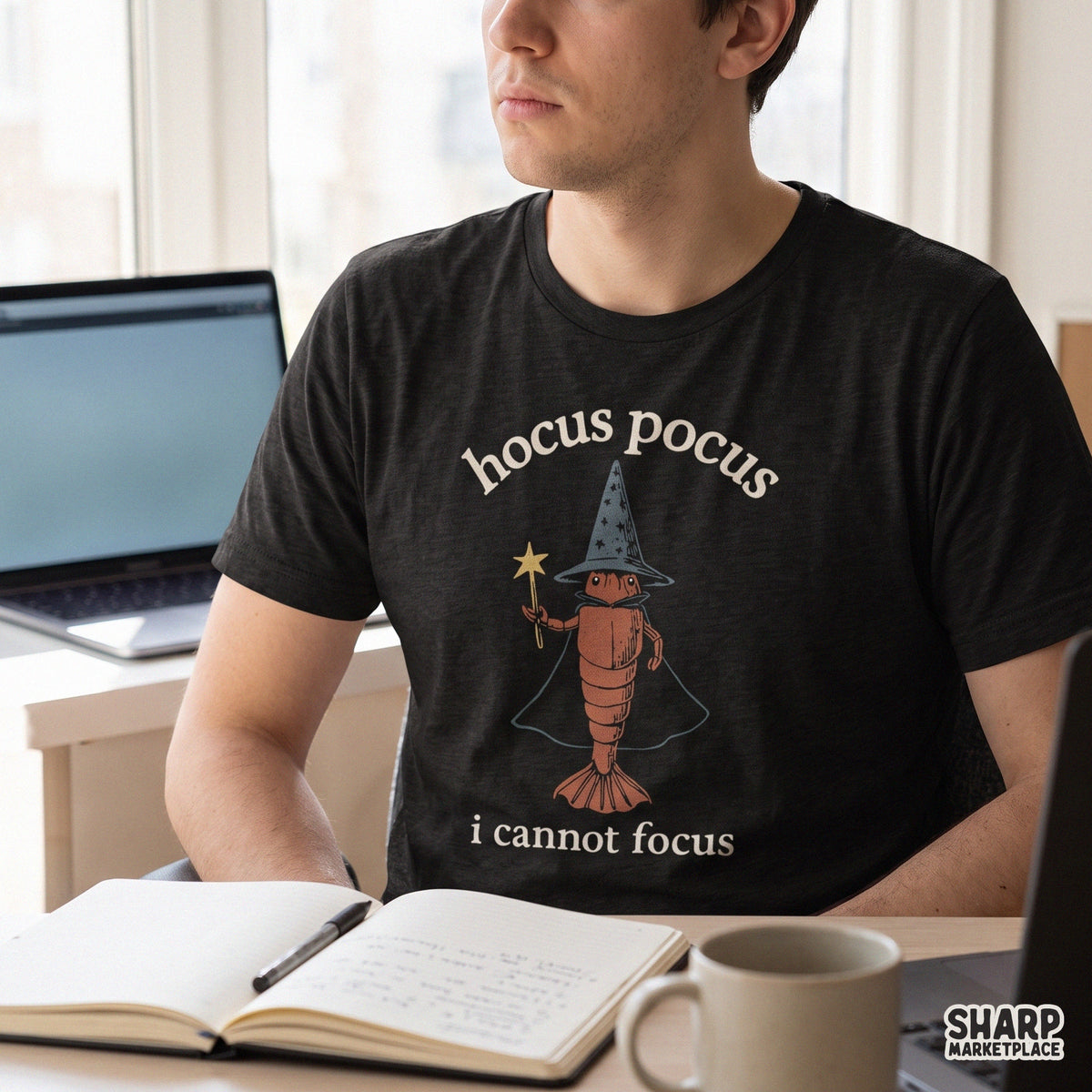 Hocus Pocus I Cannot Focus funny wizard shrimp PNG design for sarcastic Halloween spooky season shirts and stickers