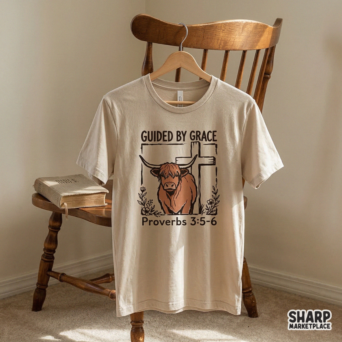 Sublimation design featuring a highland cow, cross, and scripture text in a distressed, western style perfect for faith-based apparel and tumblers.