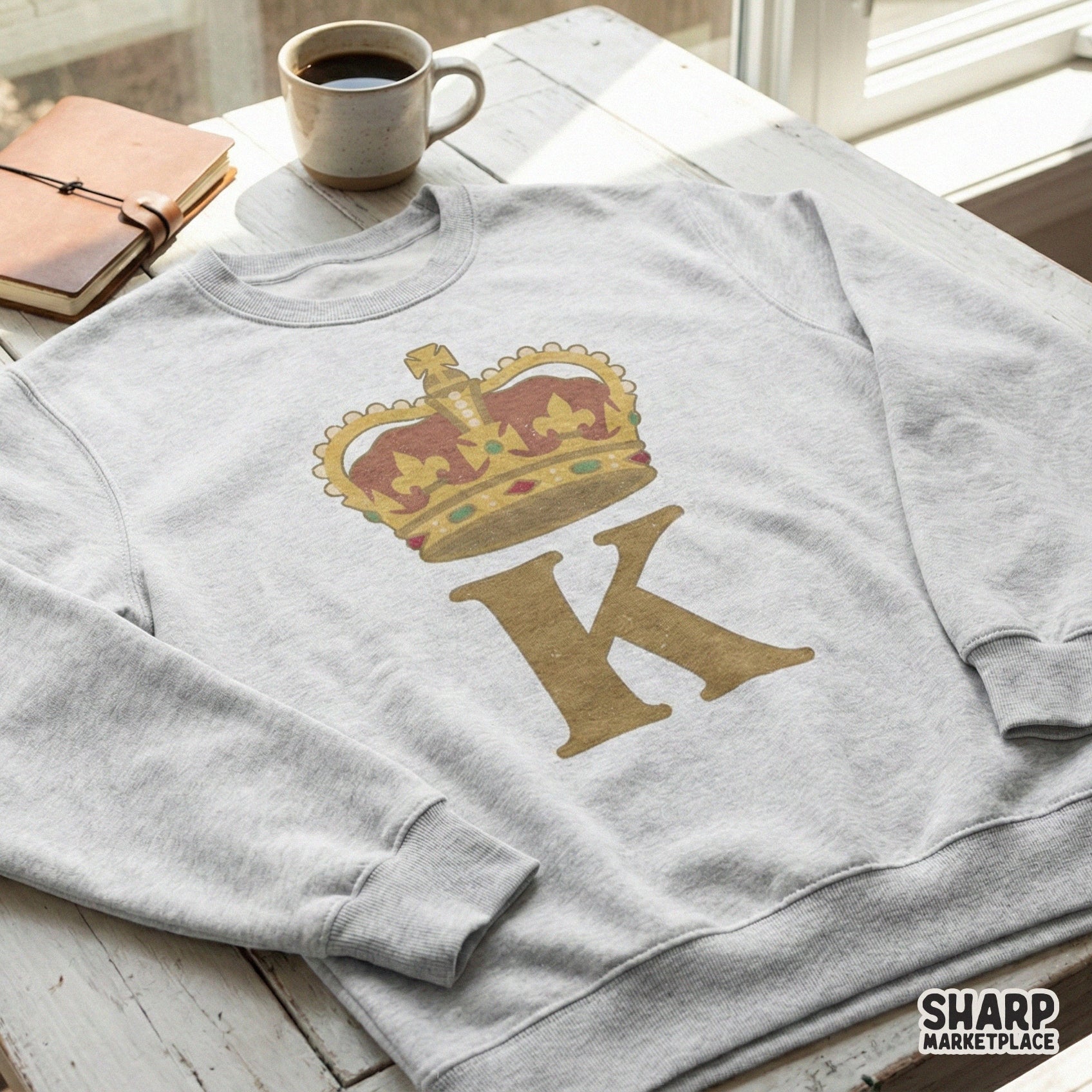 Distressed golden letter K topped with an ornate royal crown, displayed as a printable sublimation graphic for custom apparel and DIY projects.