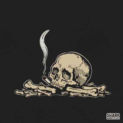 Vintage gothic skull smoking a cigarette on a pile of bones PNG design for edgy Halloween t-shirts