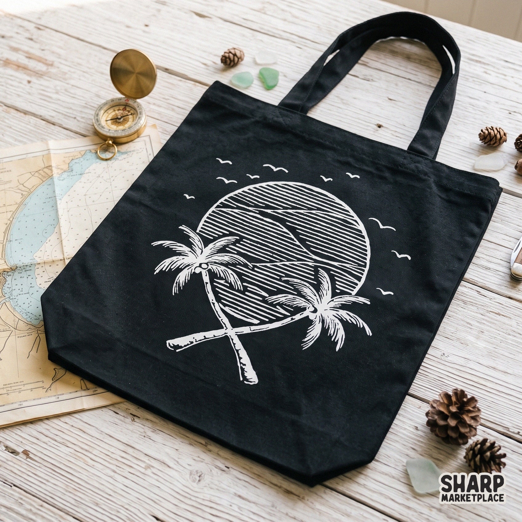 Monochrome sunset circle with crossed tropical trees and surf aesthetic for summer beach vibes custom shirts