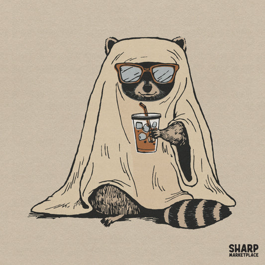 Funny raccoon ghost drinking iced coffee PNG for sarcastic Halloween apparel and spooky season sublimation designs