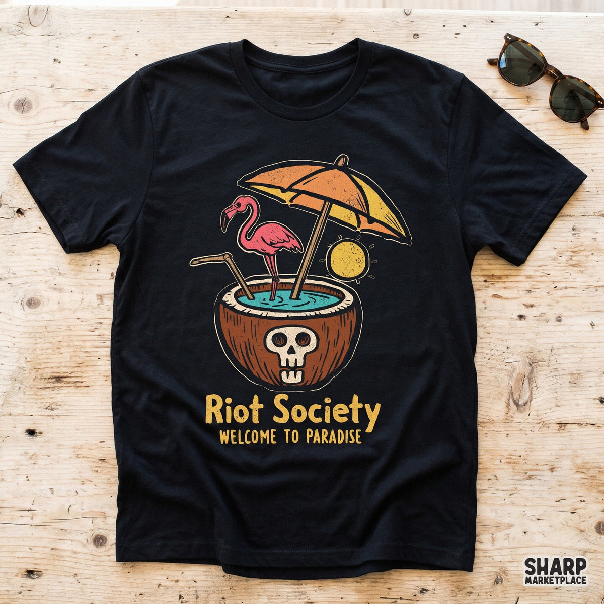 Retro flamingo and coconut skull tiki drink summer PNG design ideal for tropical beach vacation t-shirts and graphics
