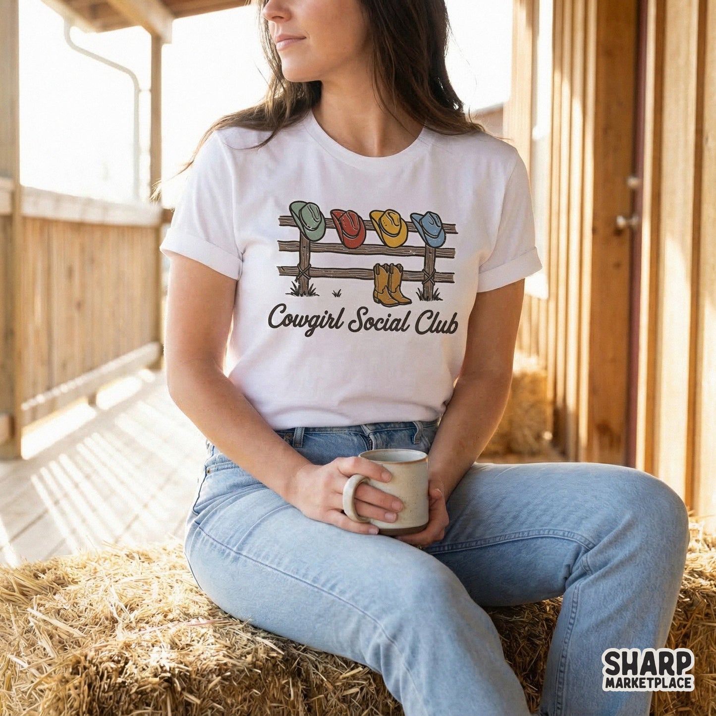Hand-drawn western illustration with Cowgirl Social Club text, featuring cowboy boots and hats for printable DIY gifts and apparel.